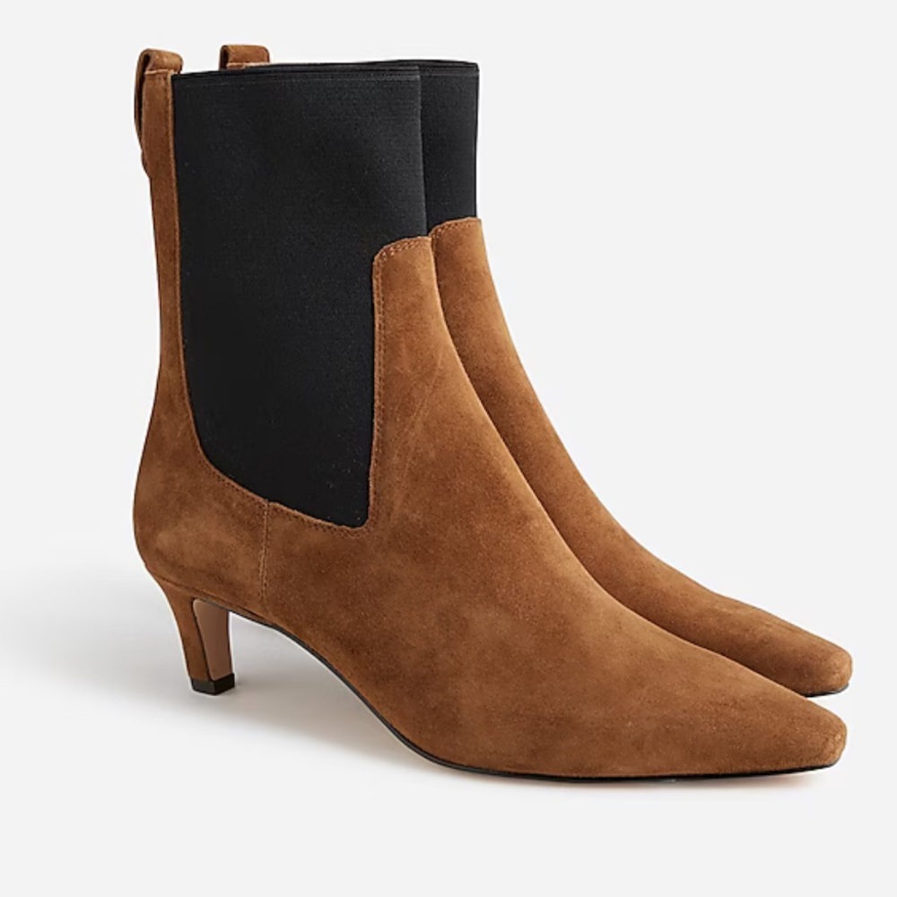 J. Crew Brown Suede Pointed-Toe Ankle Boots with Black Stretch Panels